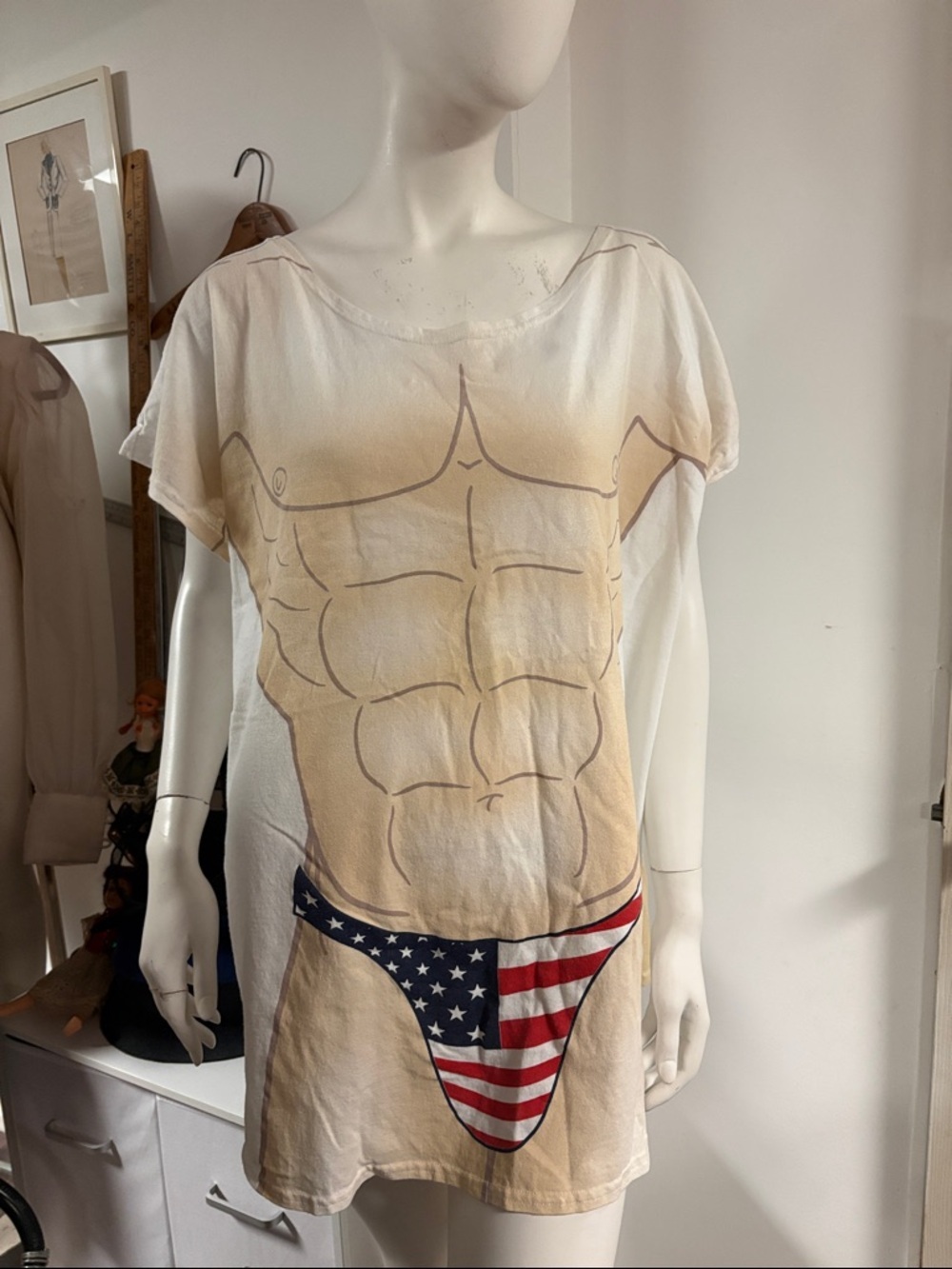90s Novelty Muscle Torso Tunic with American Flag Bikini Graphic - White/Tan